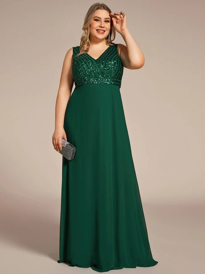 Plus-Sleeveless VNeck Sequin & Chiffon Evening Dresses - CALABRO®