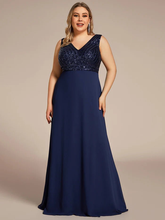 Plus-Sleeveless VNeck Sequin & Chiffon Evening Dresses - CALABRO®