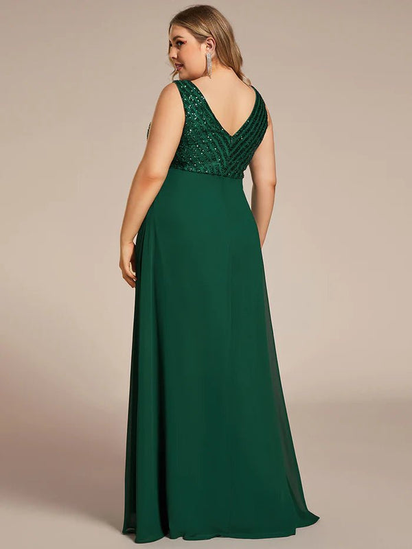 Plus-Sleeveless VNeck Sequin & Chiffon Evening Dresses - CALABRO®