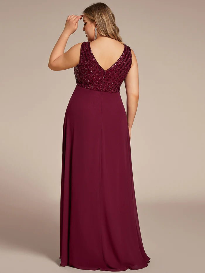 Plus-Sleeveless VNeck Sequin & Chiffon Evening Dresses - CALABRO®