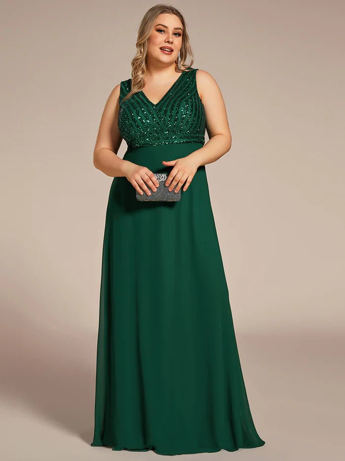 Plus-Sleeveless VNeck Sequin & Chiffon Evening Dresses - CALABRO®