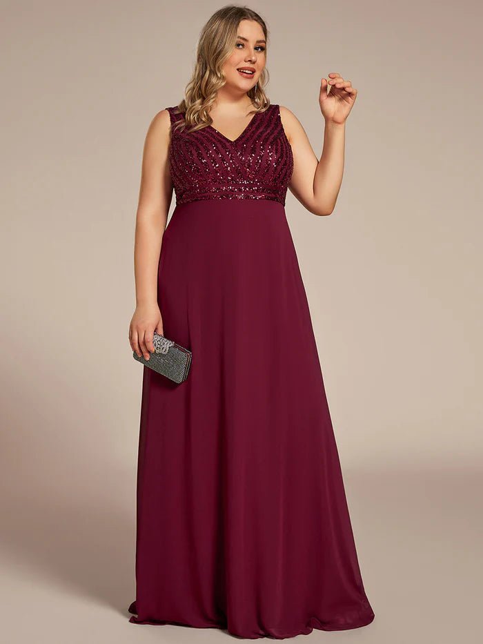 Plus-Sleeveless VNeck Sequin & Chiffon Evening Dresses - CALABRO®