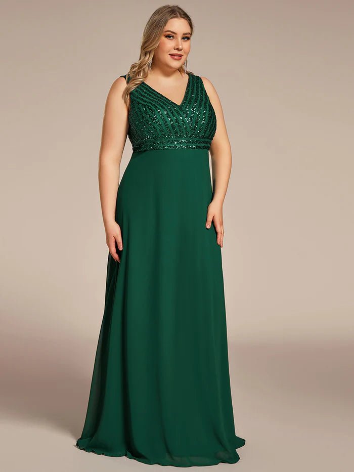 Plus-Sleeveless VNeck Sequin & Chiffon Evening Dresses - CALABRO®