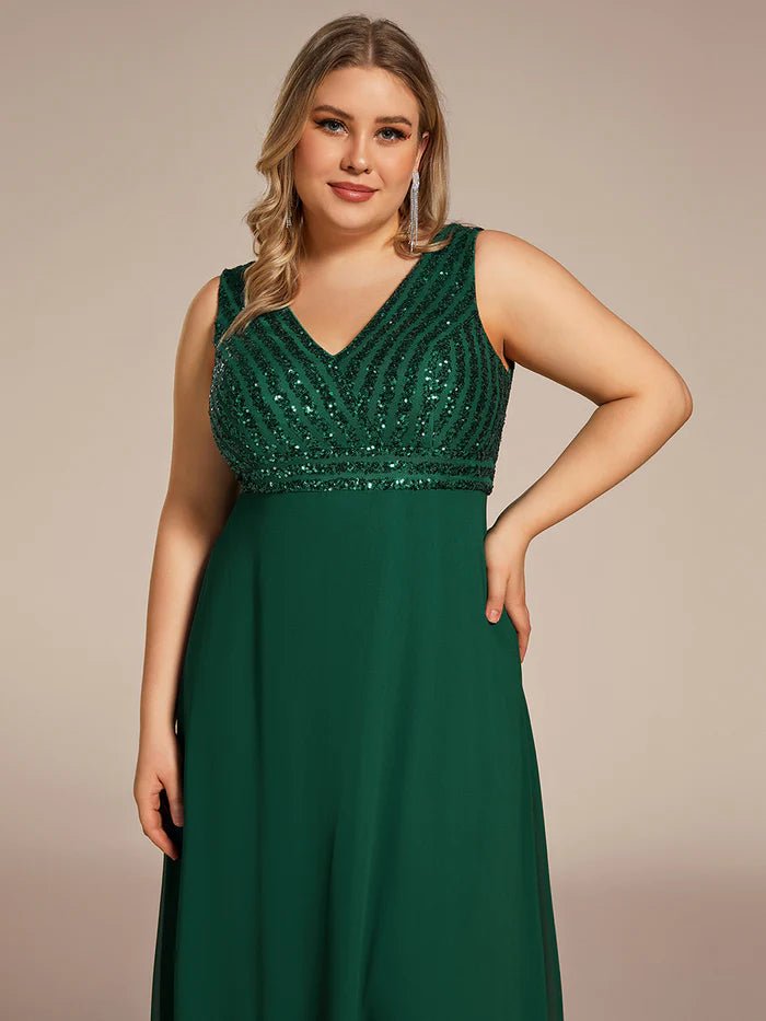 Plus-Sleeveless VNeck Sequin & Chiffon Evening Dresses - CALABRO®