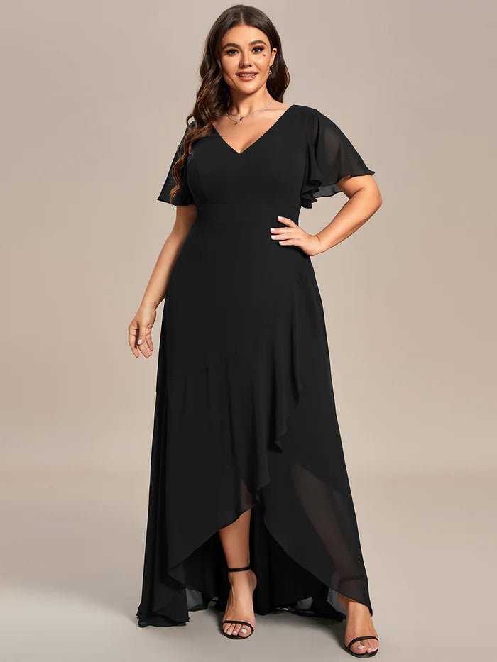 Plus V Neck High Low Ruffles Chiffon Bridesmaid Dresses - CALABRO®