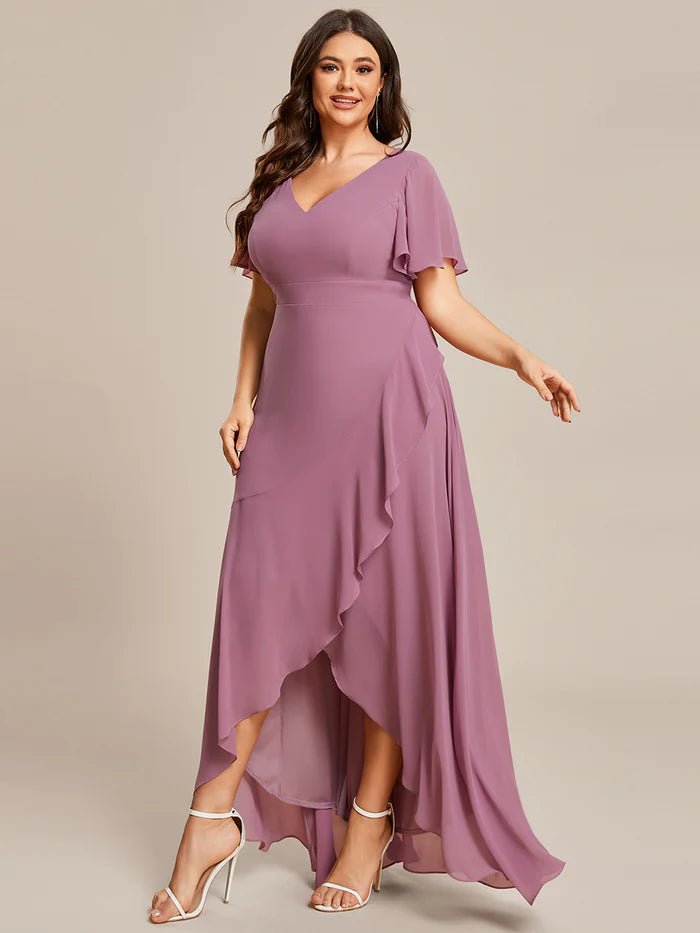 Plus V Neck High Low Ruffles Chiffon Bridesmaid Dresses - CALABRO®