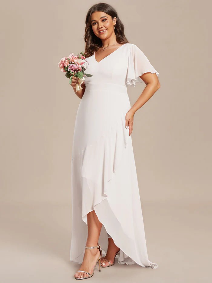 Plus V Neck High Low Ruffles Chiffon Bridesmaid Dresses - CALABRO®