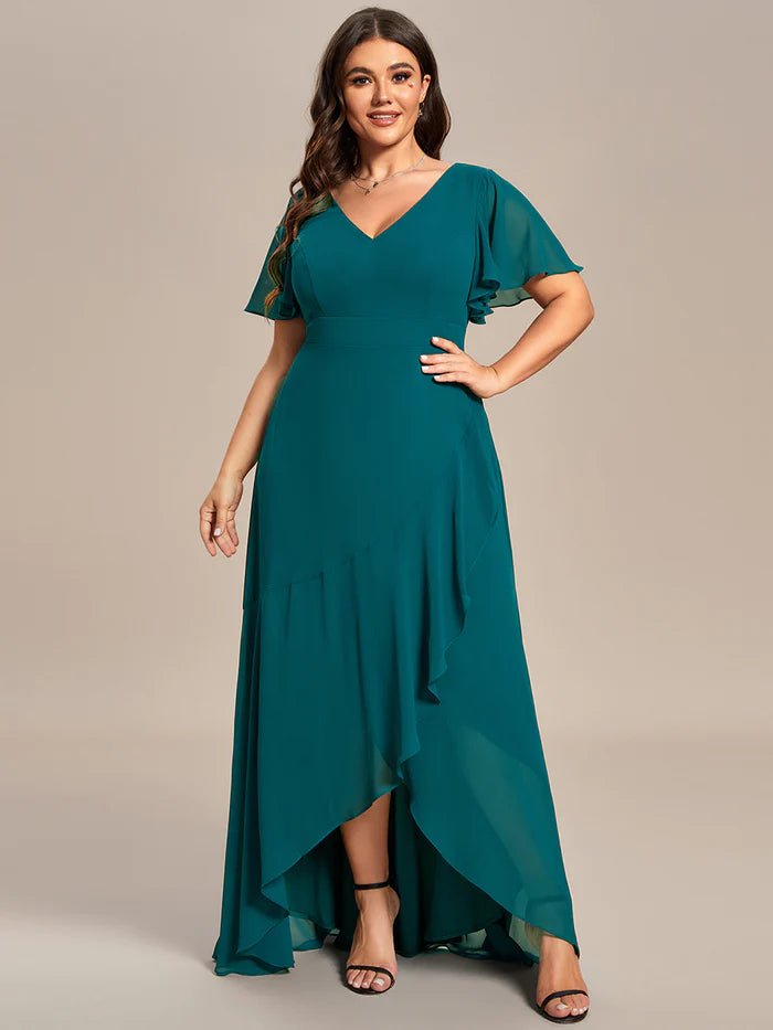 Plus V Neck High Low Ruffles Chiffon Bridesmaid Dresses - CALABRO®