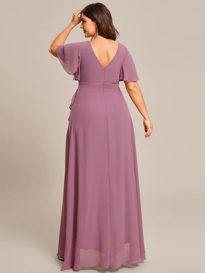 Plus V Neck High Low Ruffles Chiffon Bridesmaid Dresses - CALABRO®