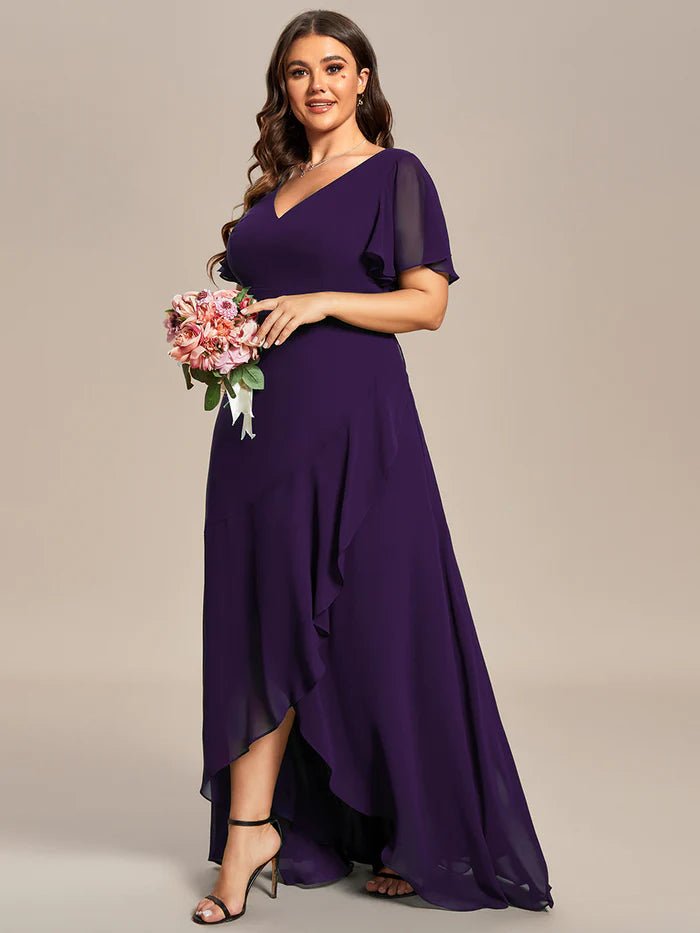 Plus V Neck High Low Ruffles Chiffon Bridesmaid Dresses - CALABRO®