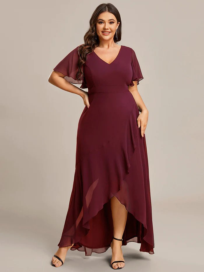 Plus V Neck High Low Ruffles Chiffon Bridesmaid Dresses - CALABRO®