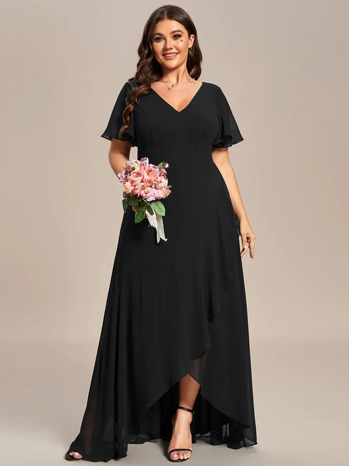 Plus V Neck High Low Ruffles Chiffon Bridesmaid Dresses - CALABRO®