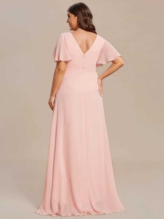 Plus V Neck High Low Ruffles Chiffon Bridesmaid Dresses - CALABRO®