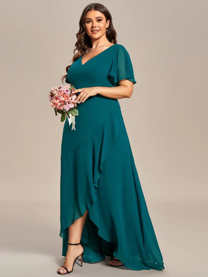 Plus V Neck High Low Ruffles Chiffon Bridesmaid Dresses - CALABRO®