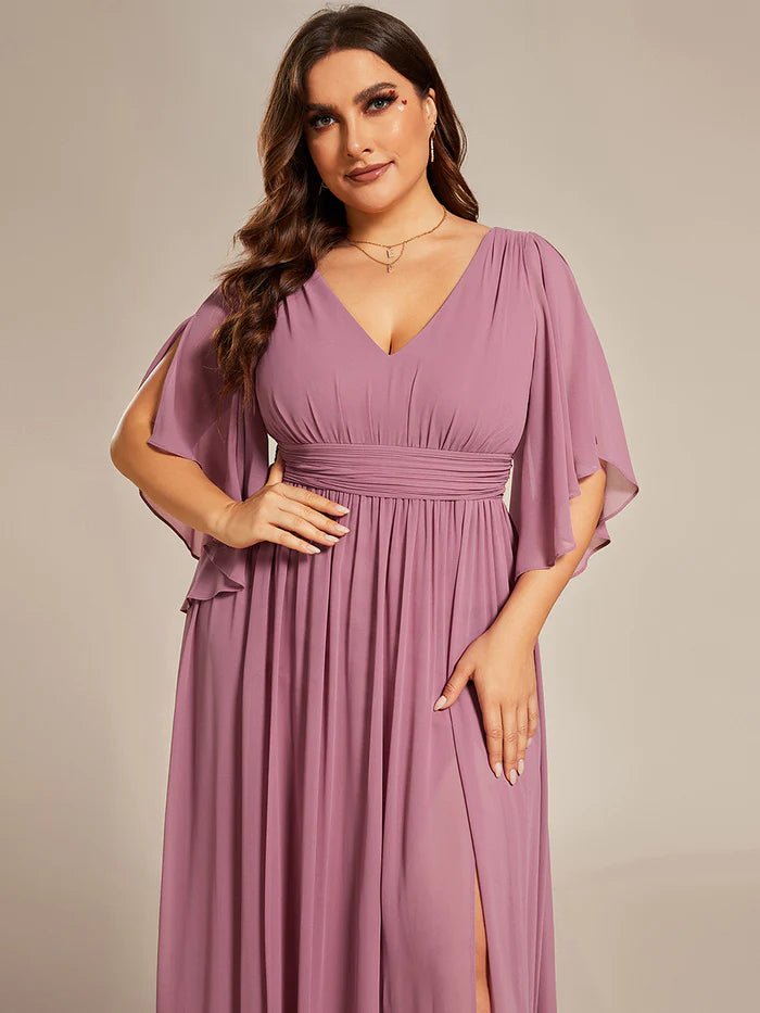 Plus V Neck Pleated Belt Chiffon Bridesmaid Dresses - CALABRO®