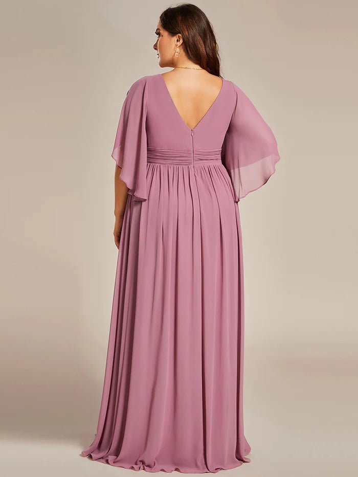 Plus V Neck Pleated Belt Chiffon Bridesmaid Dresses - CALABRO®