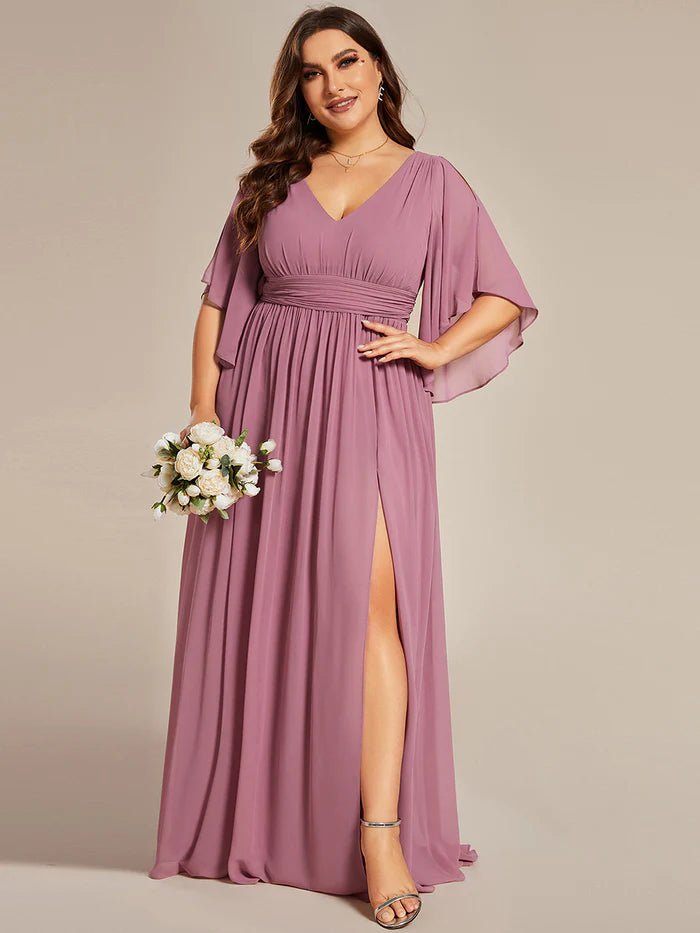 Plus V Neck Pleated Belt Chiffon Bridesmaid Dresses - CALABRO®