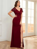 Ruched Belt Evening Dress with Deep-V Side Split Applique - CALABRO®