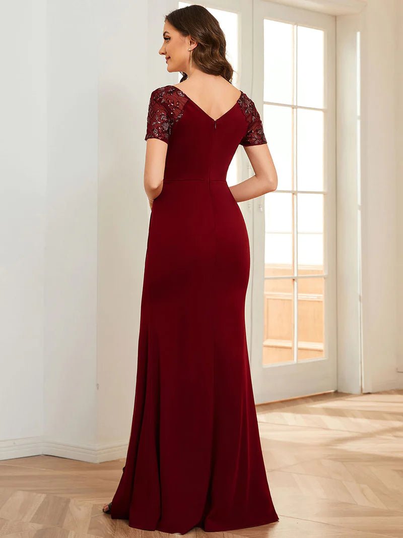 Ruched Belt Evening Dress with Deep-V Side Split Applique - CALABRO®