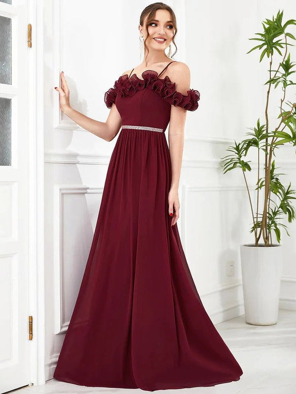 Ruffled Spaghetti Strap Off Shoulder Chiffon Bridesmaid Dress - CALABRO®