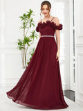 Ruffled Spaghetti Strap Off Shoulder Chiffon Bridesmaid Dress - CALABRO®