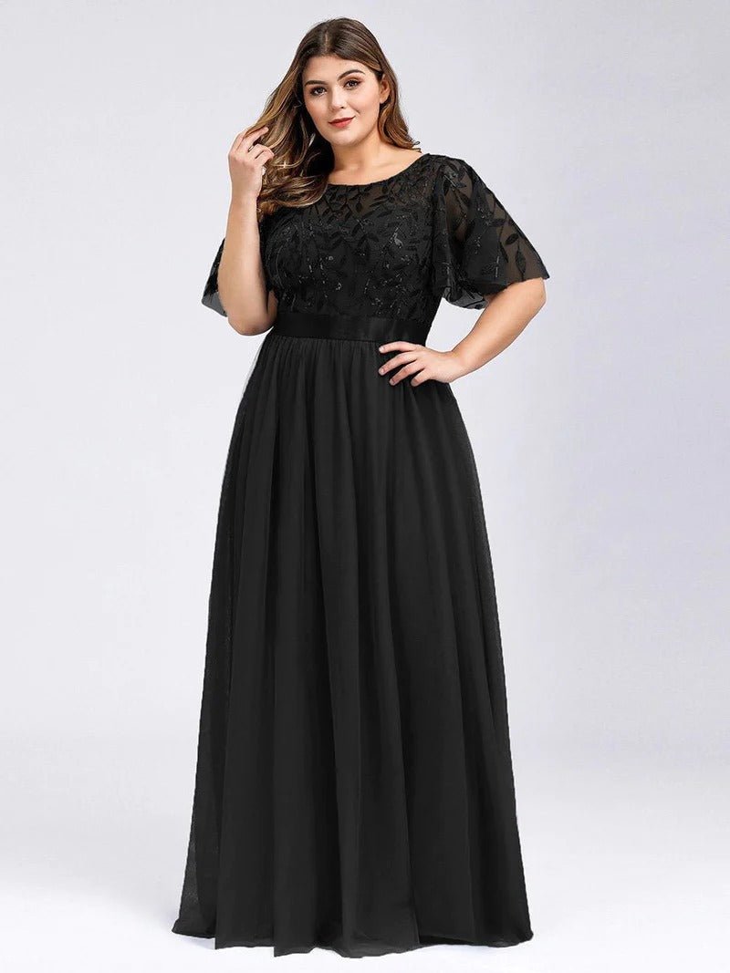 Sequin Print Plus Size Evening Dresses with Cap Sleeve - CALABRO®