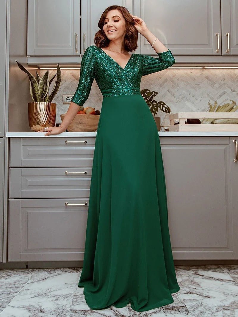 Sexy V Neck A-Line Sequin Evening Dresses With 3/4 Sleeve - CALABRO®