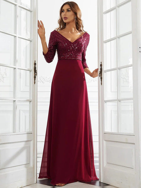 Sexy V Neck A-Line Sequin Evening Dresses With 3/4 Sleeve - CALABRO®