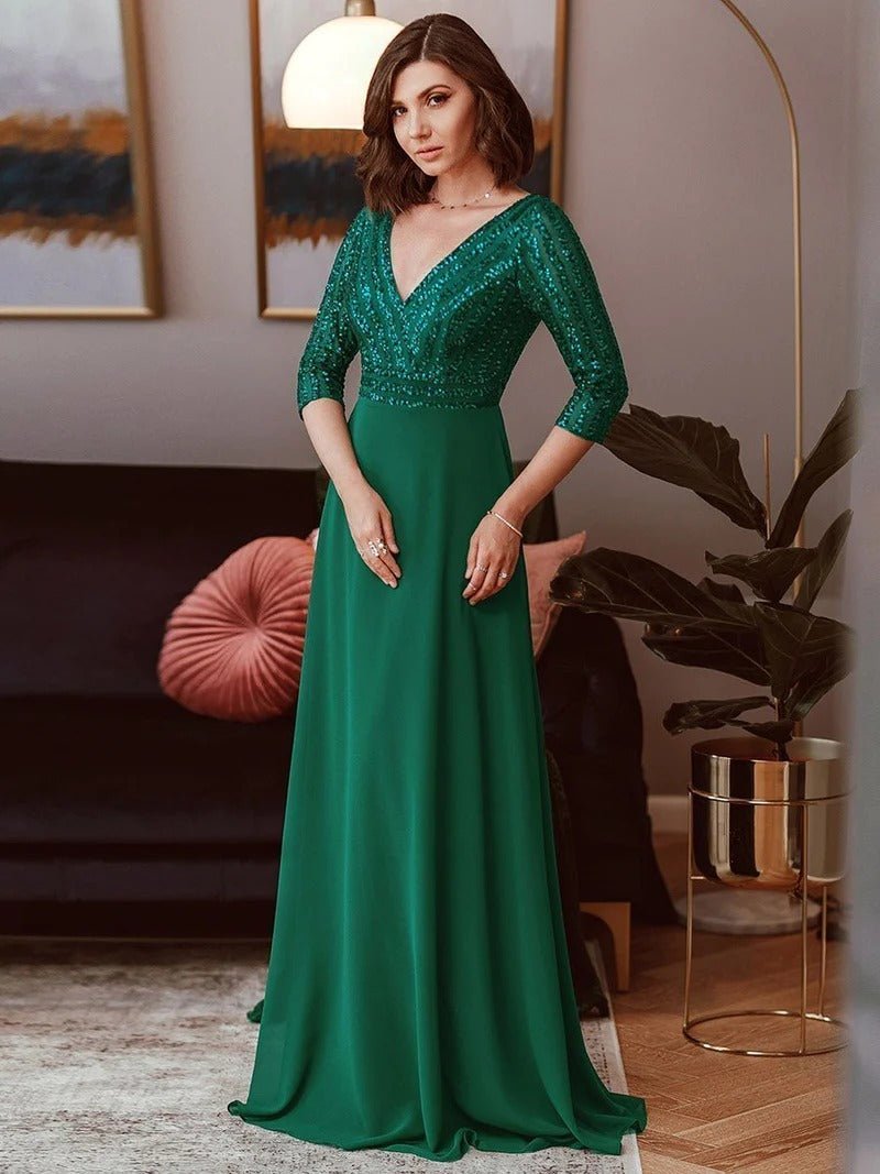 Sexy V Neck A-Line Sequin Evening Dresses With 3/4 Sleeve - CALABRO®