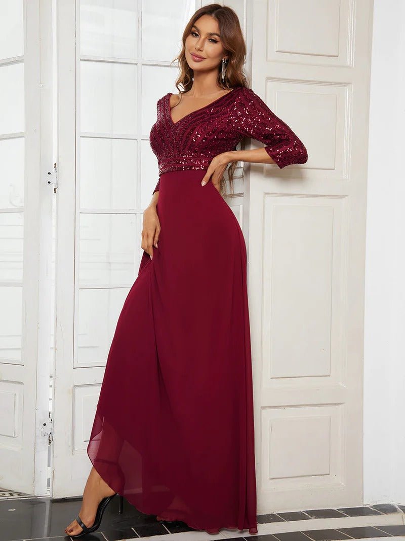 Sexy V Neck A-Line Sequin Evening Dresses With 3/4 Sleeve - CALABRO®