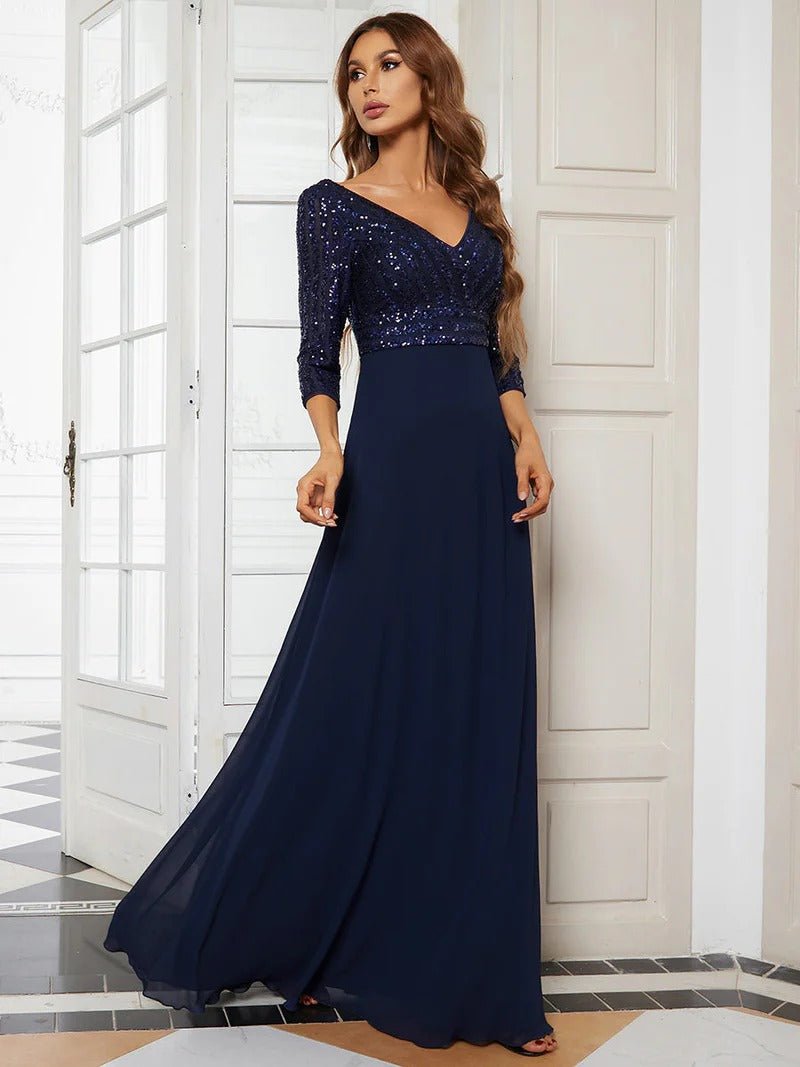 Sexy V Neck A-Line Sequin Evening Dresses With 3/4 Sleeve - CALABRO®