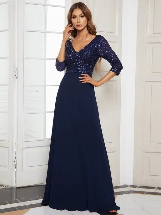 Sexy V Neck A Line Sequin Bridesmaid Dresses With 3 4 Sleeve