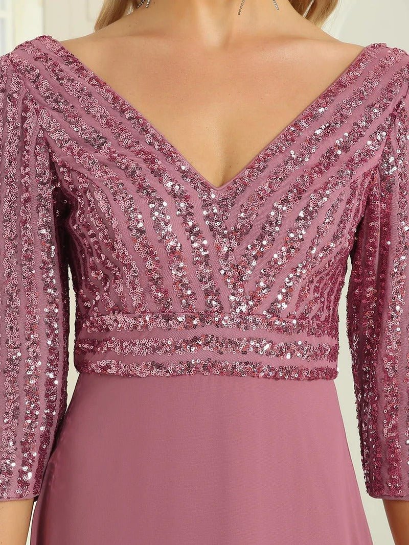 Sexy V Neck A-Line Sequin Evening Dresses With 3/4 Sleeve - CALABRO®