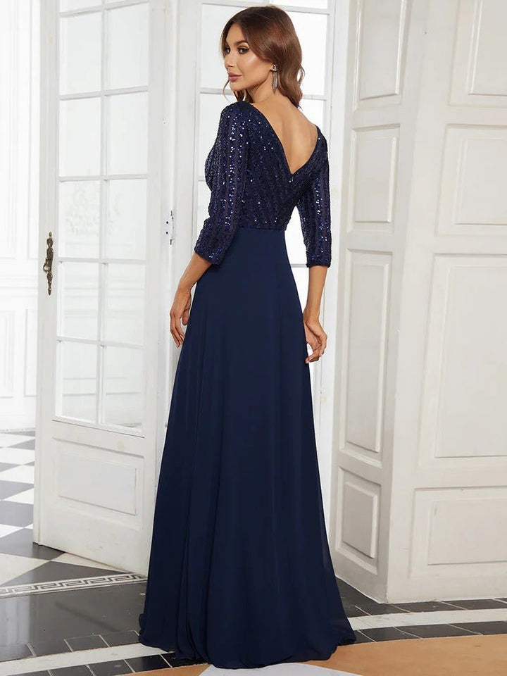 Sexy V Neck A-Line Sequin Evening Dresses With 3/4 Sleeve - CALABRO®