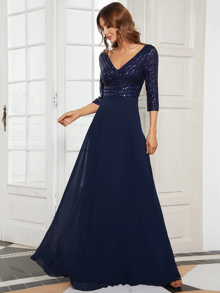 Sexy V Neck A-Line Sequin Evening Dresses With 3/4 Sleeve - CALABRO®