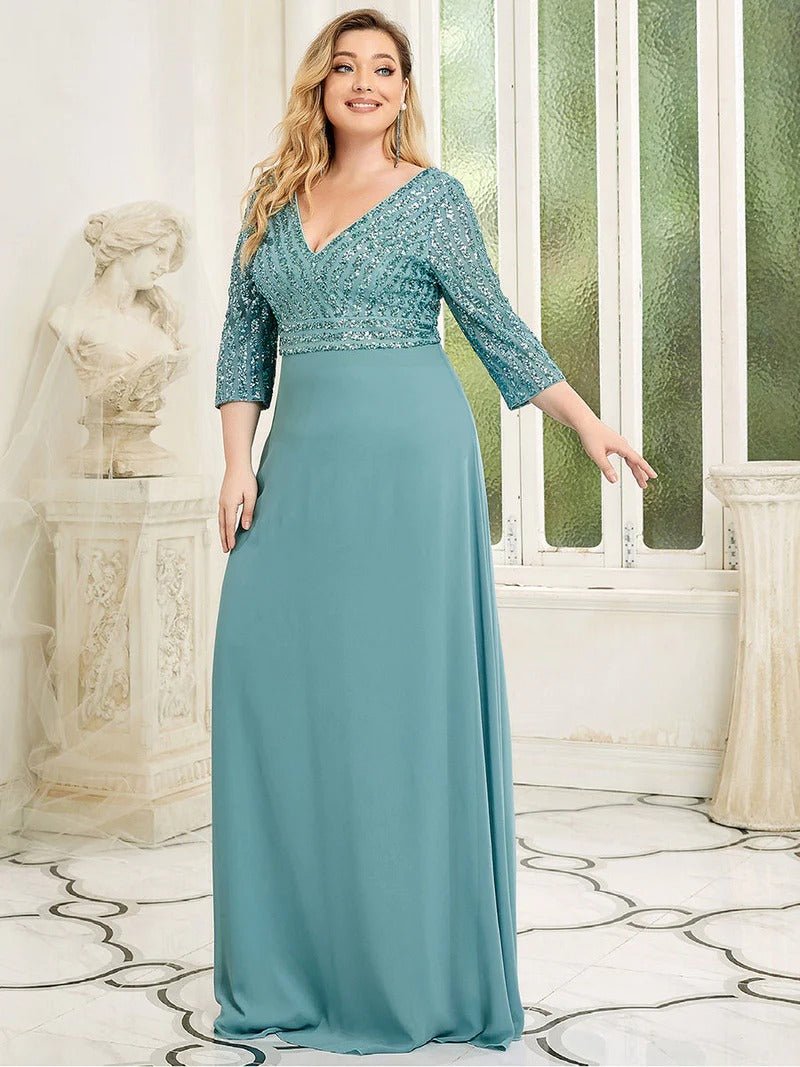 Sexy V Neck Pretty A-Line Sequin Evening Dresses With 3/4 Sleeve - CALABRO®