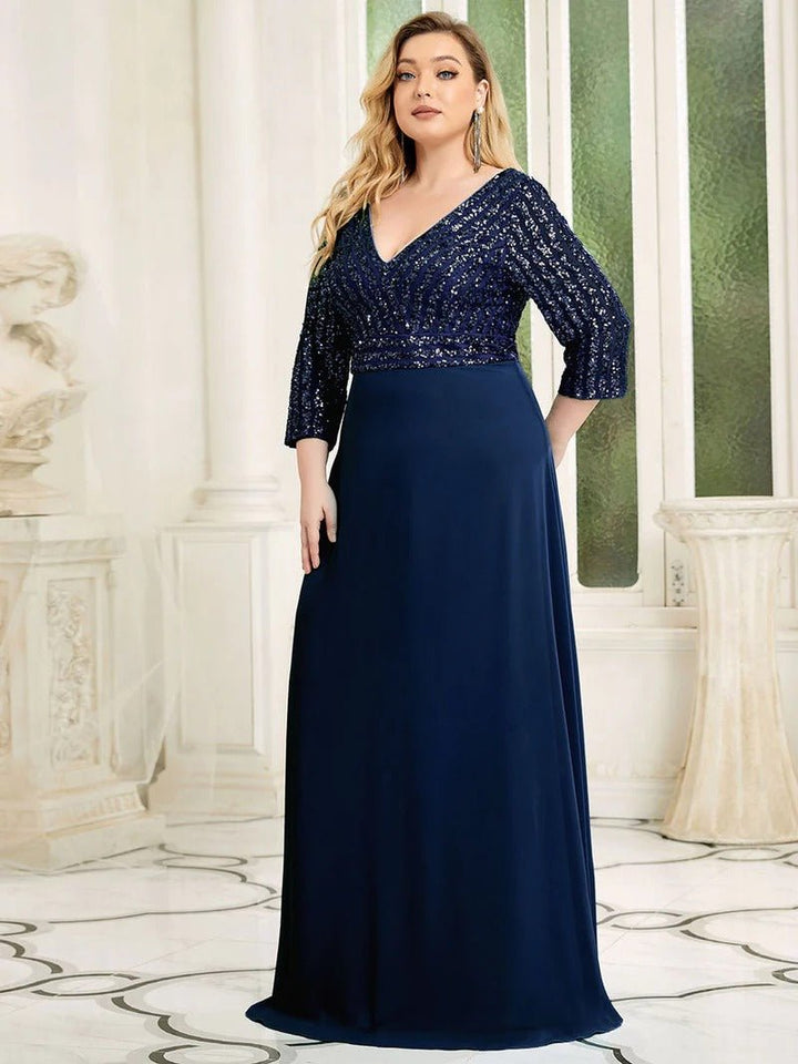 Sexy V Neck Pretty A-Line Sequin Evening Dresses With 3/4 Sleeve - CALABRO®