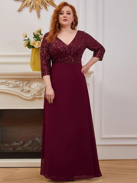 Sexy V Neck Pretty A-Line Sequin Evening Dresses With 3/4 Sleeve - CALABRO®