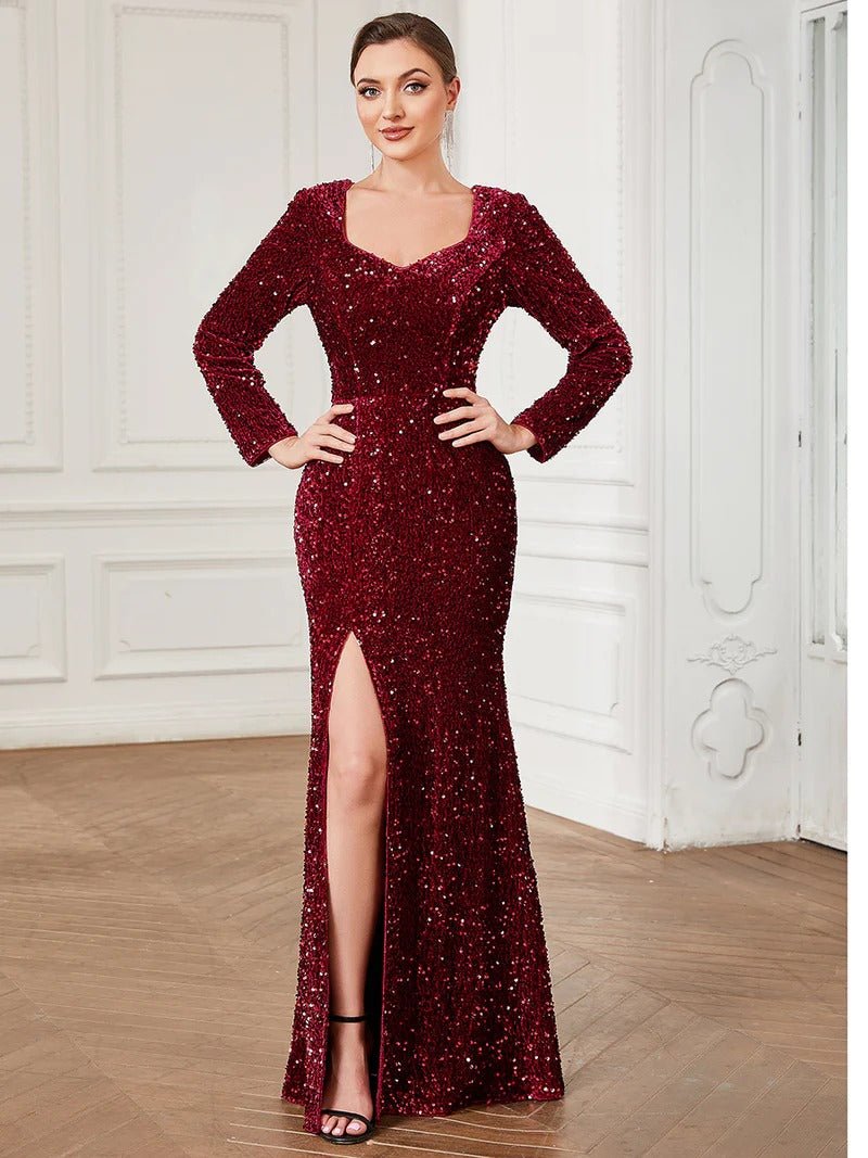 Shiny Long Sleeves Sweetheart Neck Fishtail Evening Dresses - CALABRO®