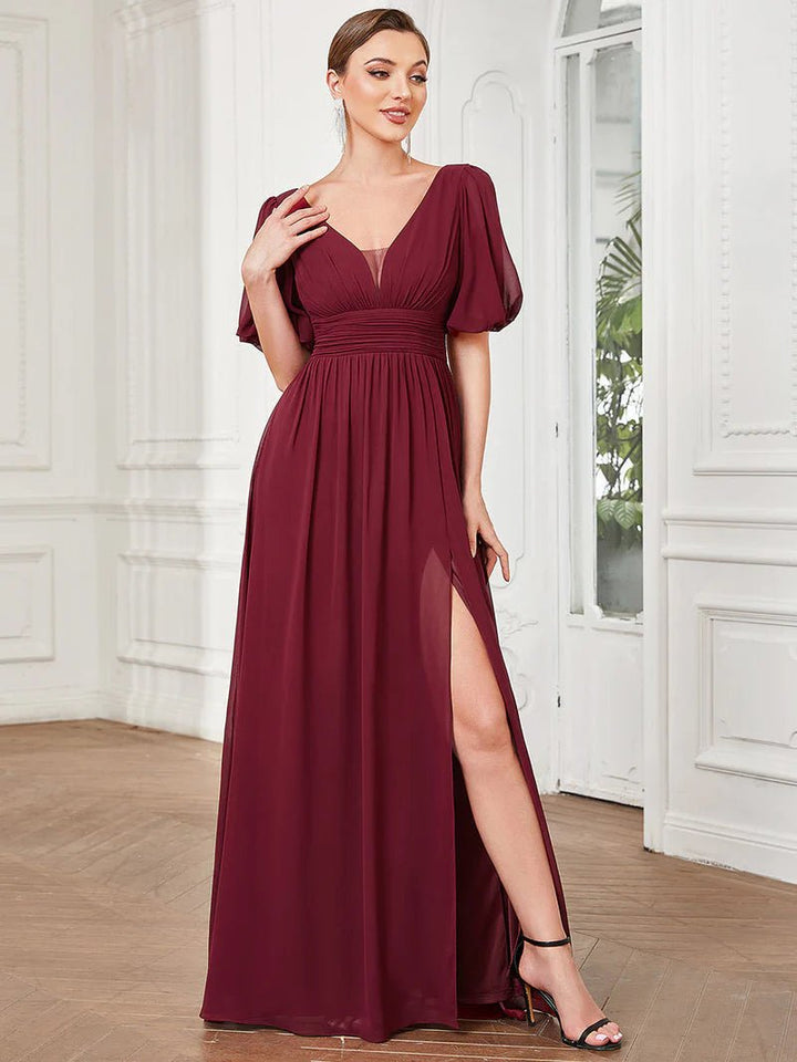 Short Balloon Sleeve Flowy Bridesmaid Dress - CALABRO®