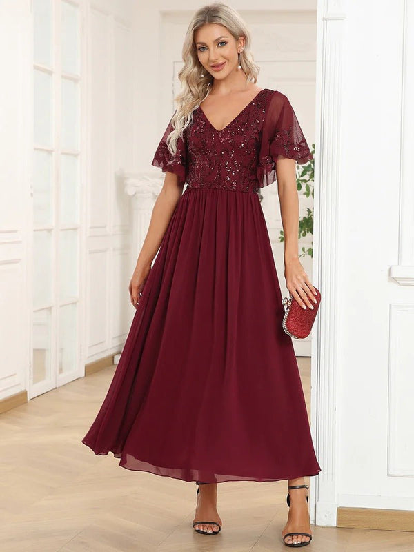 Short Ruffles Sleeves V Neck Mother of the Bride Dresses - CALABRO®