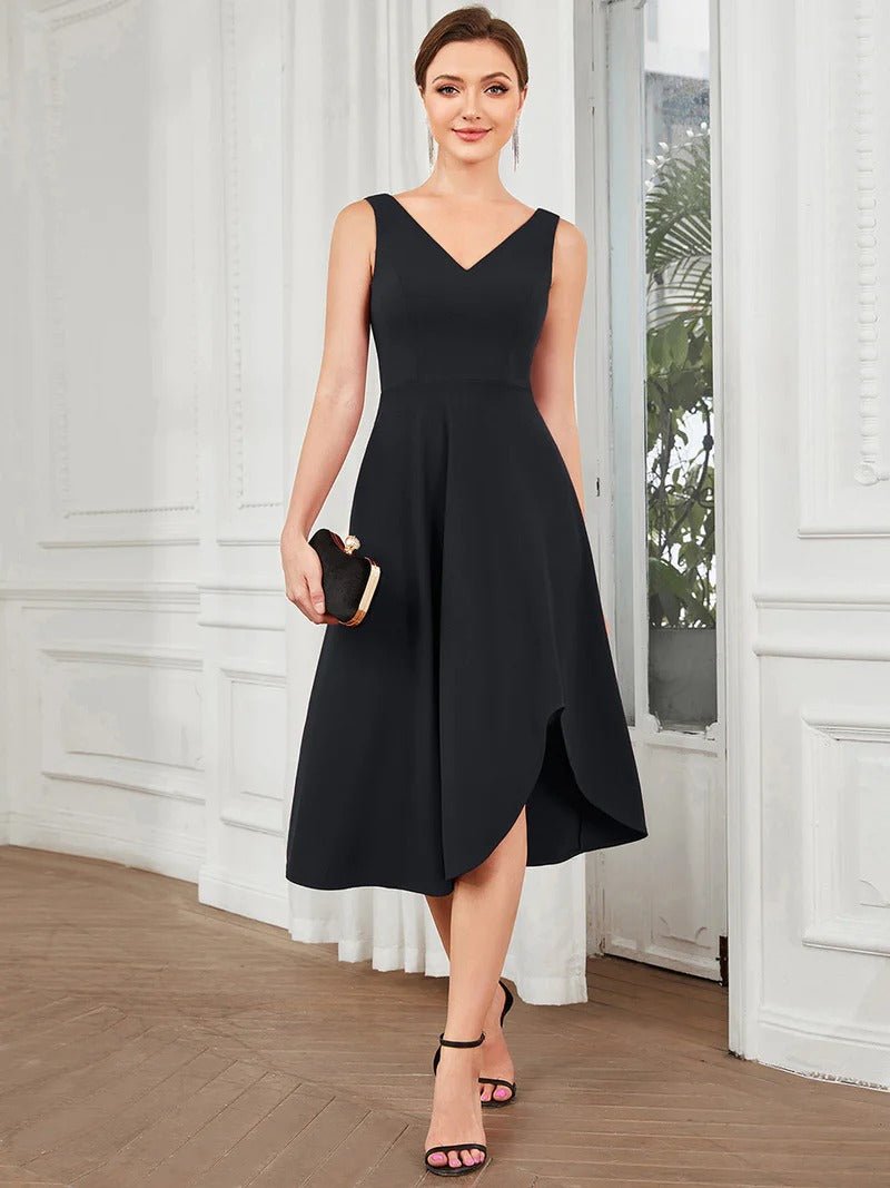 Sleeveless Asymmetrical Hem Evening Dresses with V Neck - CALABRO®