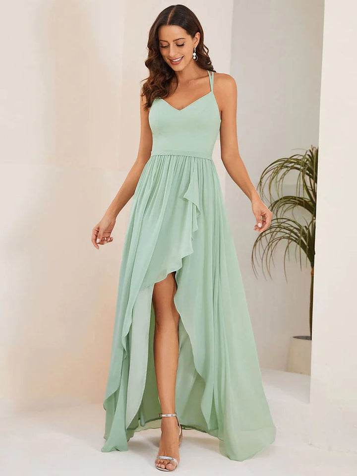 Spaghetti Straps Slit A-Line Chiffon Ruffle Bridesmaid Dress - CALABRO®