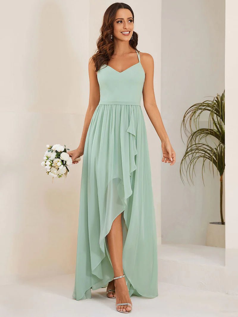 Spaghetti Straps Slit A-Line Chiffon Ruffle Bridesmaid Dress - CALABRO®