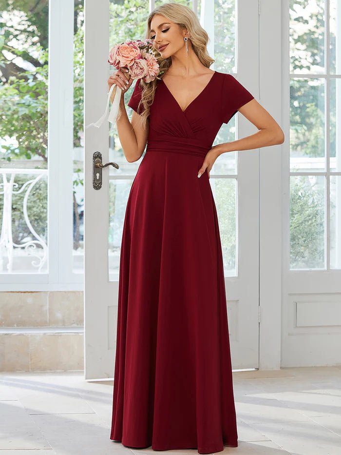 V Neck A Line Ruched Bridesmaid Dresses - CALABRO®