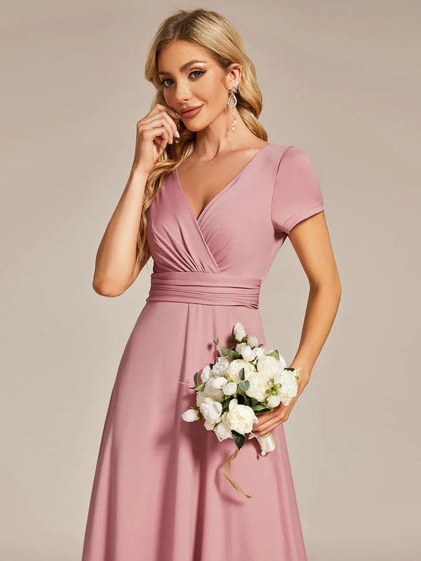 V Neck A Line Ruched Bridesmaid Dresses - CALABRO®